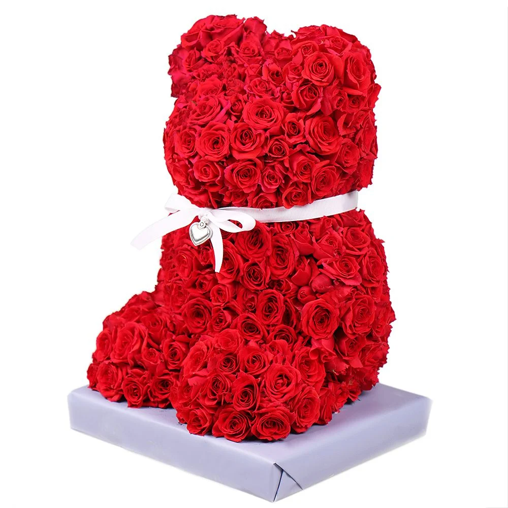 Red Rose Teddy Bear Handcrafted Eternal Flower Bear with Ribbon